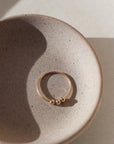 14k gold fill Meridian Fidget Ring placed on a gray plate in the sunlight. This ring features alleviate anxiety or improve focus. Each ring is adorned with 3 gold filled beads that spin and roll so you can play with the ring as needed. - Token Jewelry