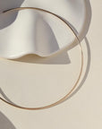 14k gold fill collarbone necklace by token jewelry, laid on a white dish in the sun