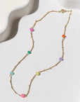 14k Gold Fill necklace featuring six vibrant opals and a textured chain with bar, dot, and dash links.