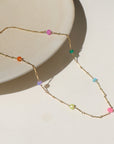 14k Gold Fill necklace featuring six vibrant opals and a textured chain with bar, dot, and dash links.