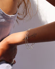 Model wearing two sterling silver bangles with wave-like textured wire