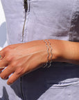 Model wearing two sterling silver bangles with wave-like textured wire