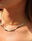 Tidepool Necklace featuring green chrysocolla and blue azurite beads on a delicate chain
