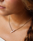 Model wearing 14k gold fill Del Mer Toggle necklace