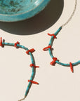 Sedona Necklace with turquoise tube beads and red coral accents on a delicate gold filled or sterling silver chain.