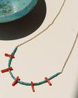 Sedona Necklace with turquoise tube beads and red coral accents on a delicate gold filled chain.