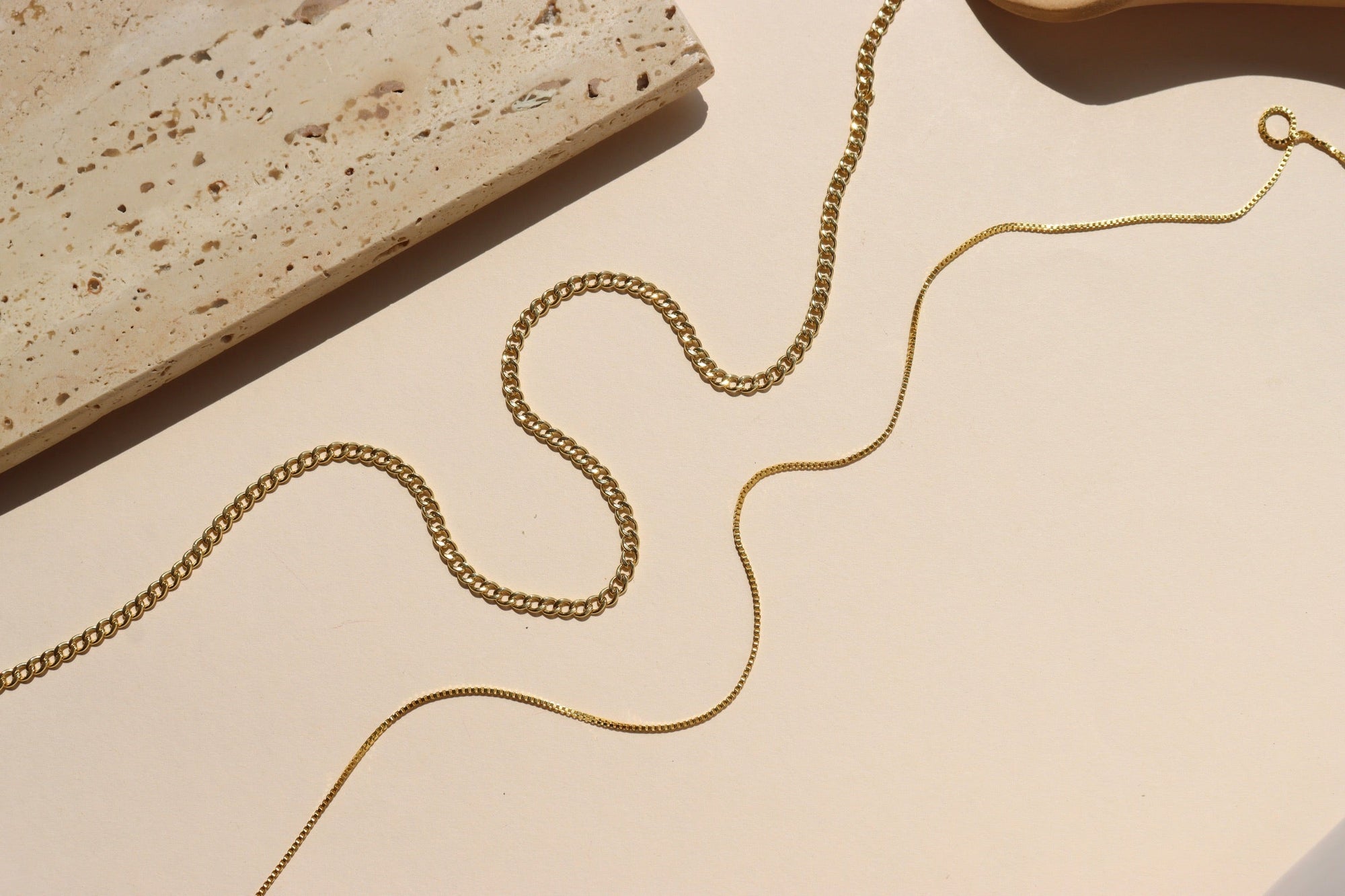 photo of four gold filled cable, curb and link chains