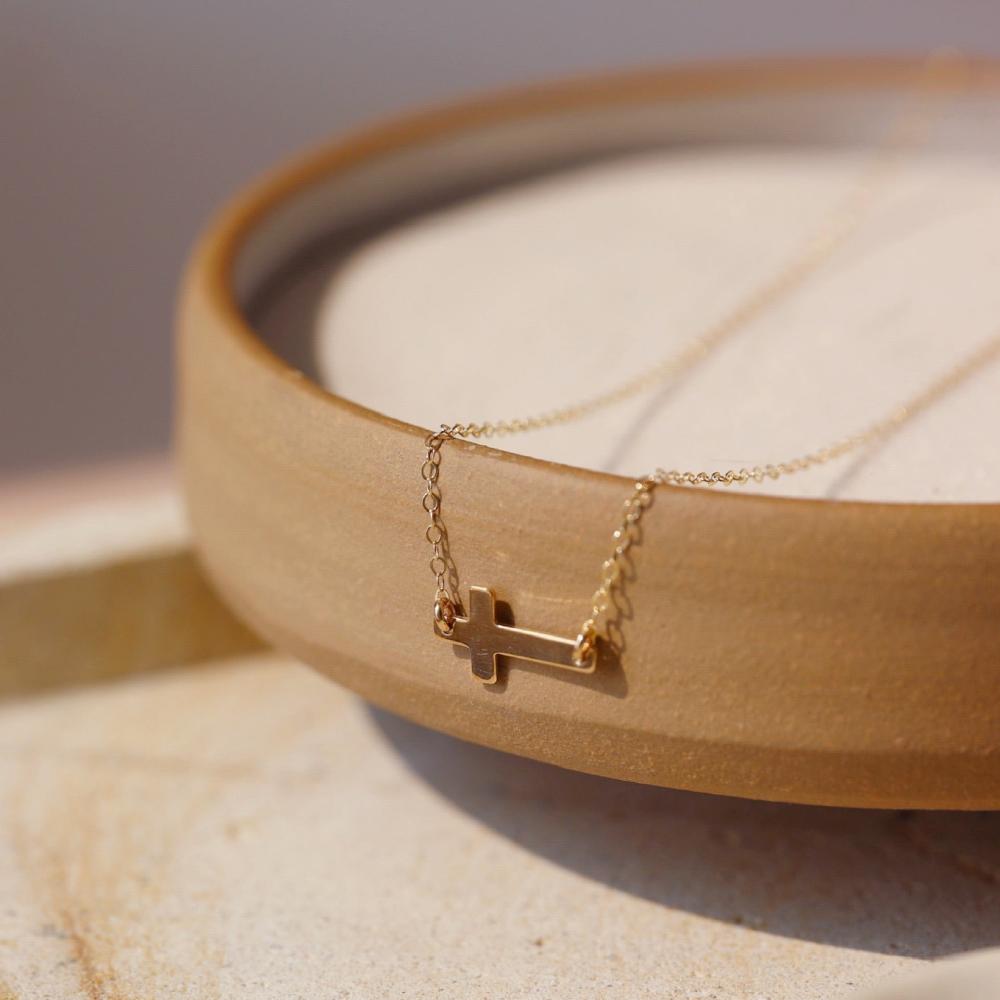 gold delicate cross chain necklace handmade in Eau Claire, Wisconsin by Token Jewelry