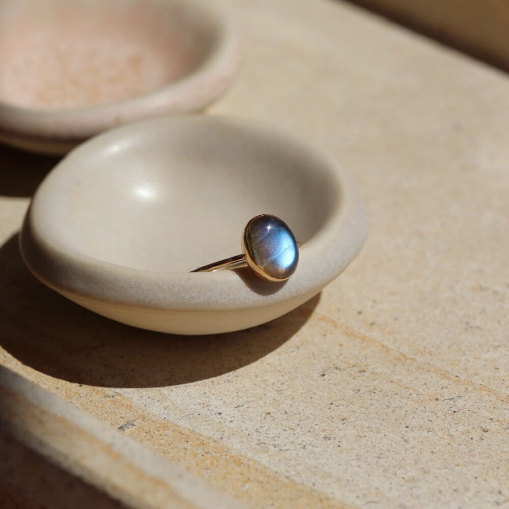 Labradorite Ring - Token Jewelry - 8x10 mm glowy multi colored labradorite gemstone with shades of blue purple gray and speckles - locally handmade in our Eau Claire, WI studio - Token Jewelry 