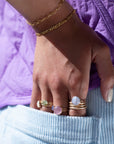 Model Wearing 14k gold fill Blue Lace Agate Ring. This Ring Features a simple band with light hammering around the sides, this ring also features the Blue Lace Agate Ring.