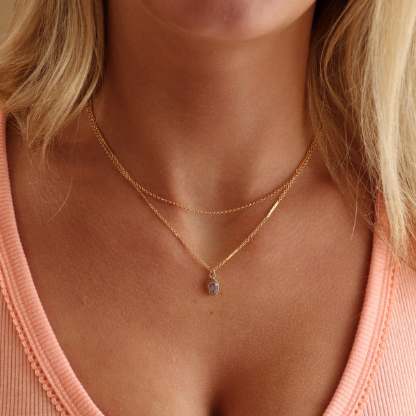 model wearing 14k gold fill delicate chain necklaces with abalone charm