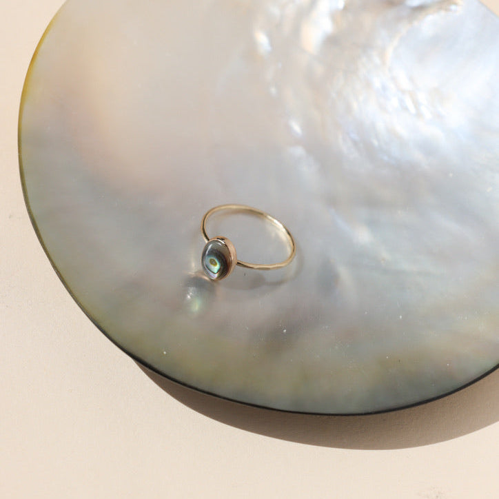 14k gold fill  ring with handset abalone stone on a light dish