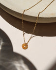 Agate donut shaped gemstone pendant attached to a 14k gold Fill chain in the sunlight