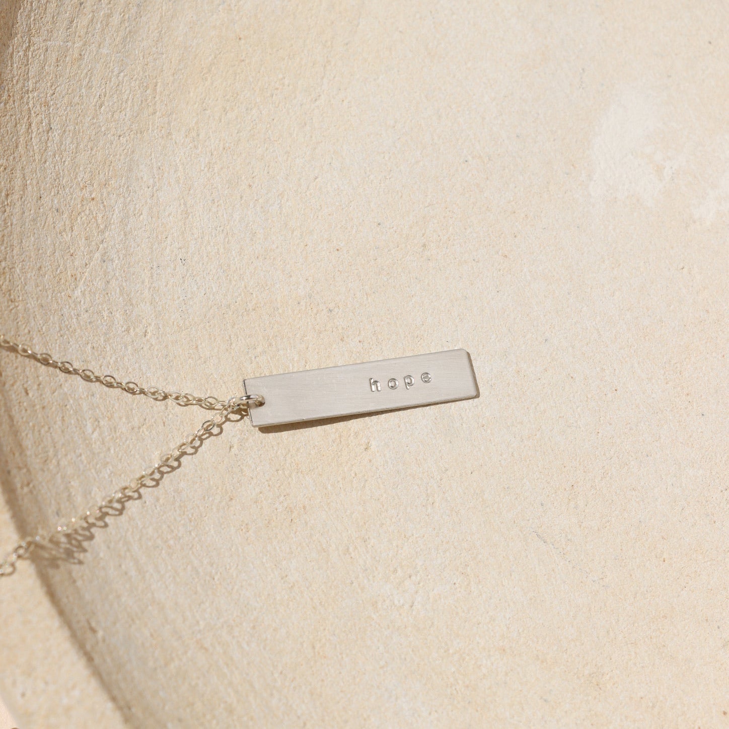 sterling silver delicate chain necklace with engraved bar charm
