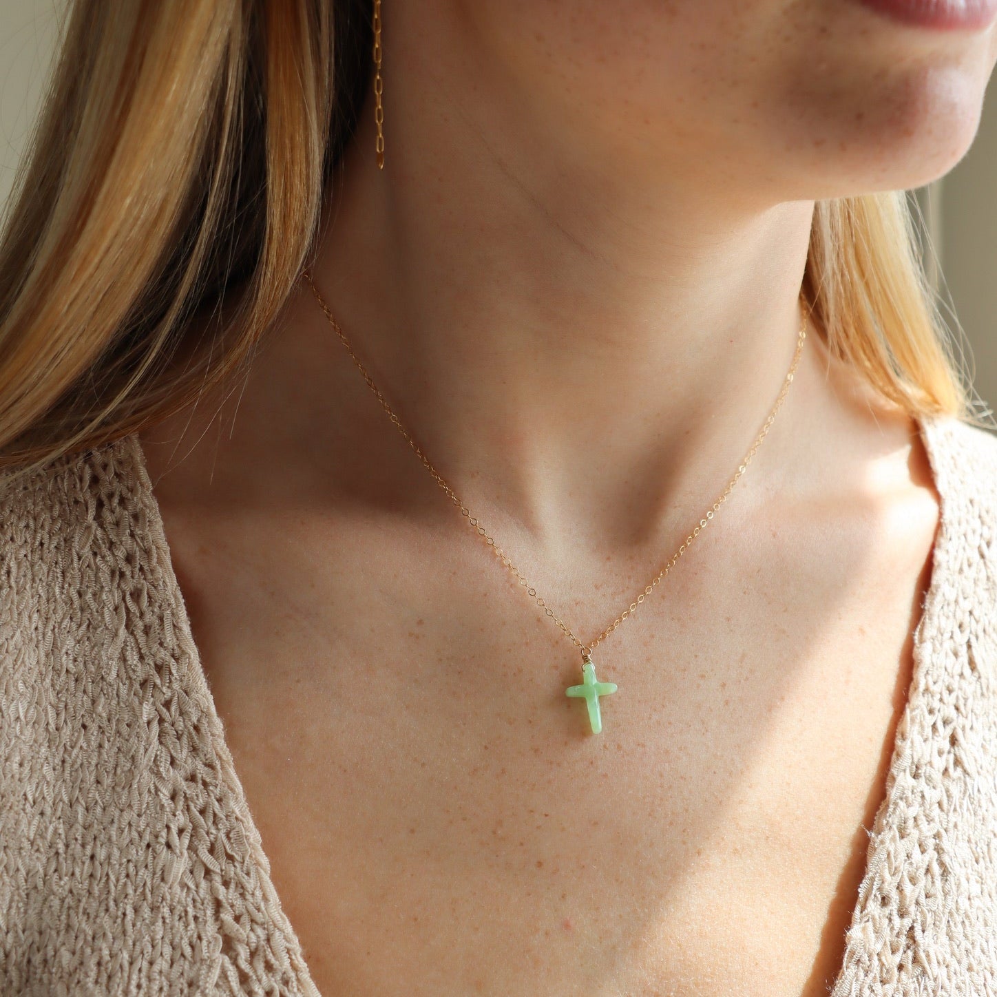 model wearing 14k gold fill delicate chain necklace with Chrysophrase cross charm