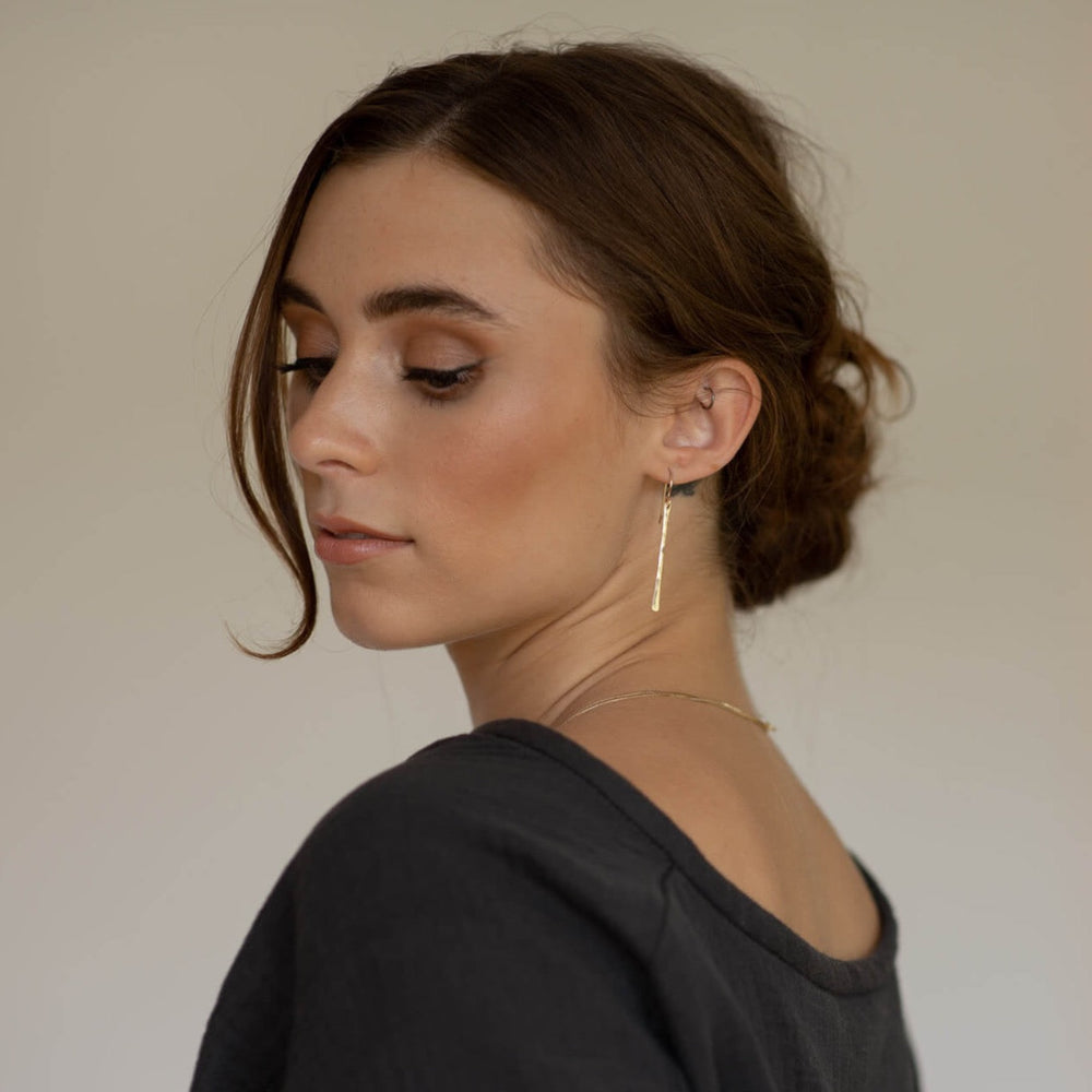 Handcrafted matchstick earrings in 14k gold fill or sterling silver, sleek and minimal with subtle texture, modern design perfect for layering or wearing alone.