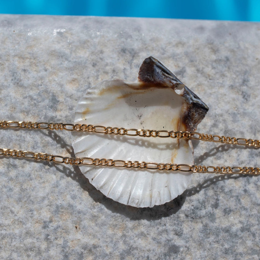 14k gold fill gigi bracelet laid on a sea shell in the sunlight. 