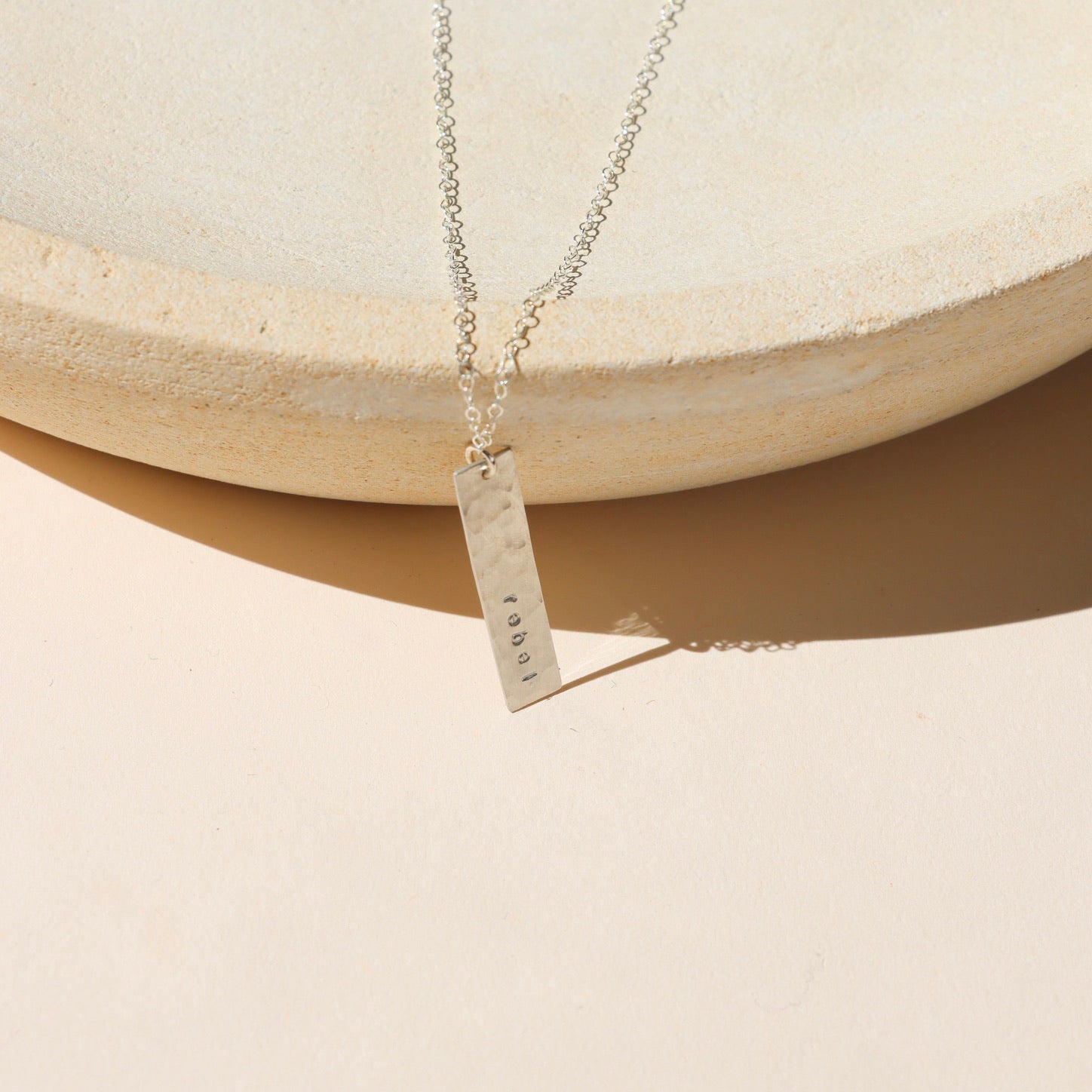 sterling silver delicate chain necklace with hand stamped bar charm