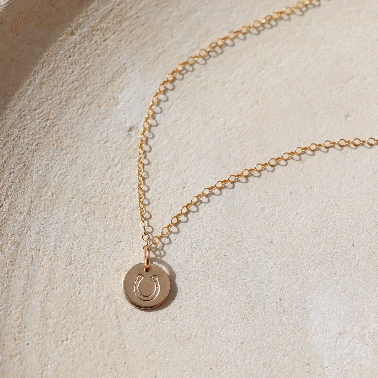 14k gold fill disk with horseshoe stamp on a delicate chain necklace on a light dish