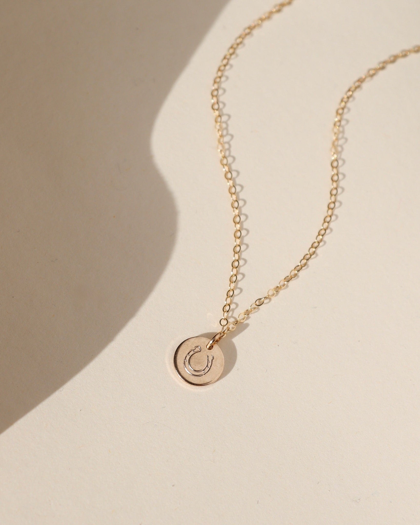 14k gold fill disk with horseshoe stamp on a delicate chain necklace on a light dish