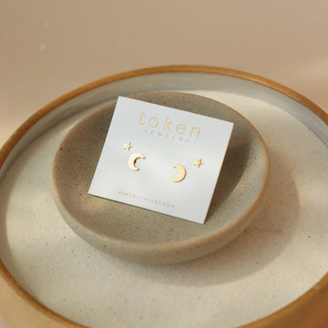 star and moon studs set Sterling Silver or 14k Gold Fill. Token Jewelry, handmade, hypoallergenic and waterproof.