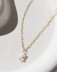 14k gold fill Gender Reveal Necklace laid on a white plate in the sunlight. This necklace features a beautiful mini paper clip chain that is met together with either a pink or blue opal gemstones. 