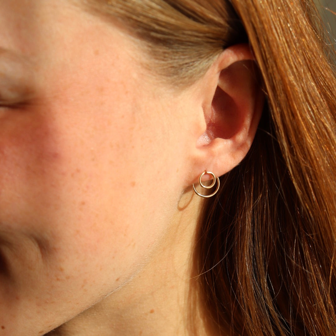 Model wearing Lennon Ear Jackets in 14k gold fill