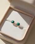 small stud 14k gold fill earrings with malachite stone photographed in a jewelry box | handmade by Token Jewelry in Eau Claire Wisconsin