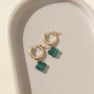 small 14k gold fill hoop earrings featuring a dangling clover shaped malachite stone, photographed on a sunny ceramic dish