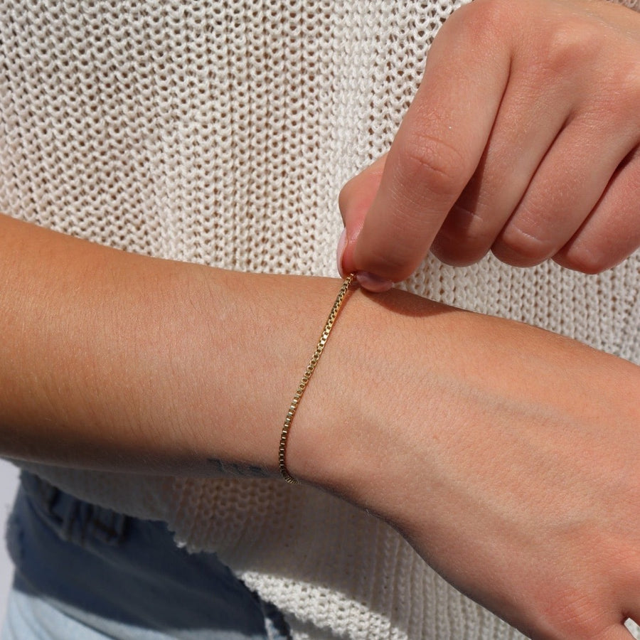 Model wearing 14k gold fill Delaney Bracelet