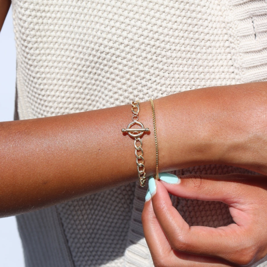 Model wearing 14k gold fill Delaney Bracelet