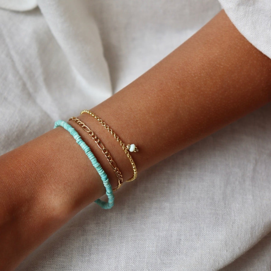 Model wearing 14k gold fill Peruvian Opal Bracelet