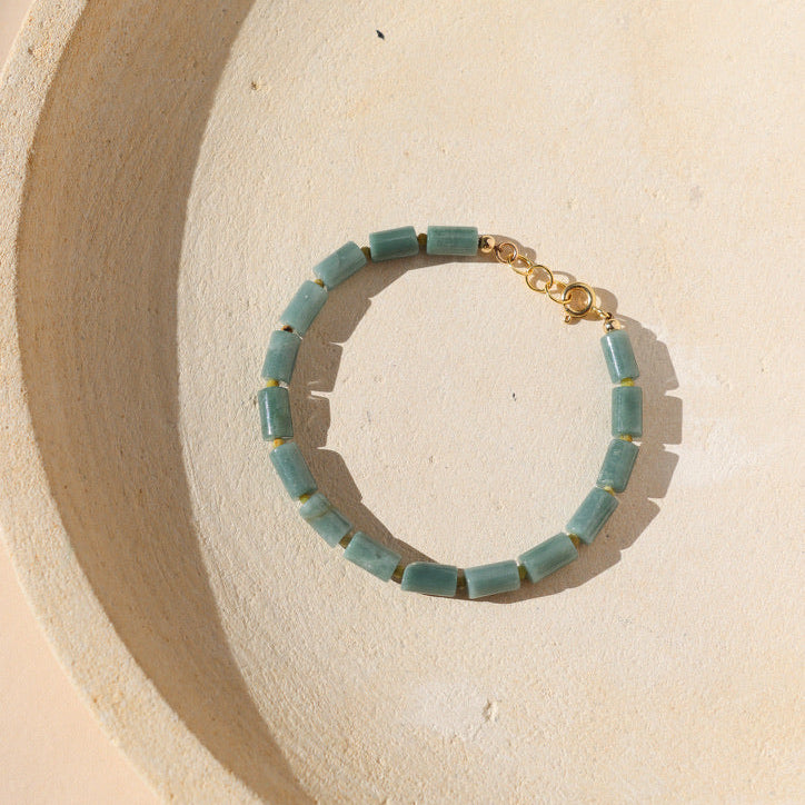 Jade and Serpentine gemstone beads alternate to make a bracelet with 14k gold fill fixings