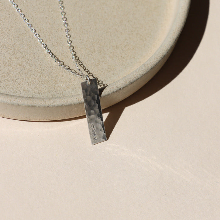 sterling silver delicate chain necklace with hand stamped bar charm