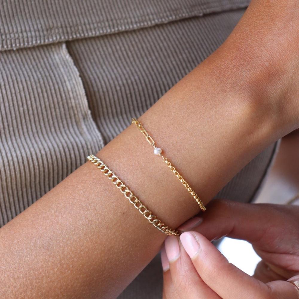 Model wearing 14k gold fill Emma Bracelet with Demi Alexandra bracelet