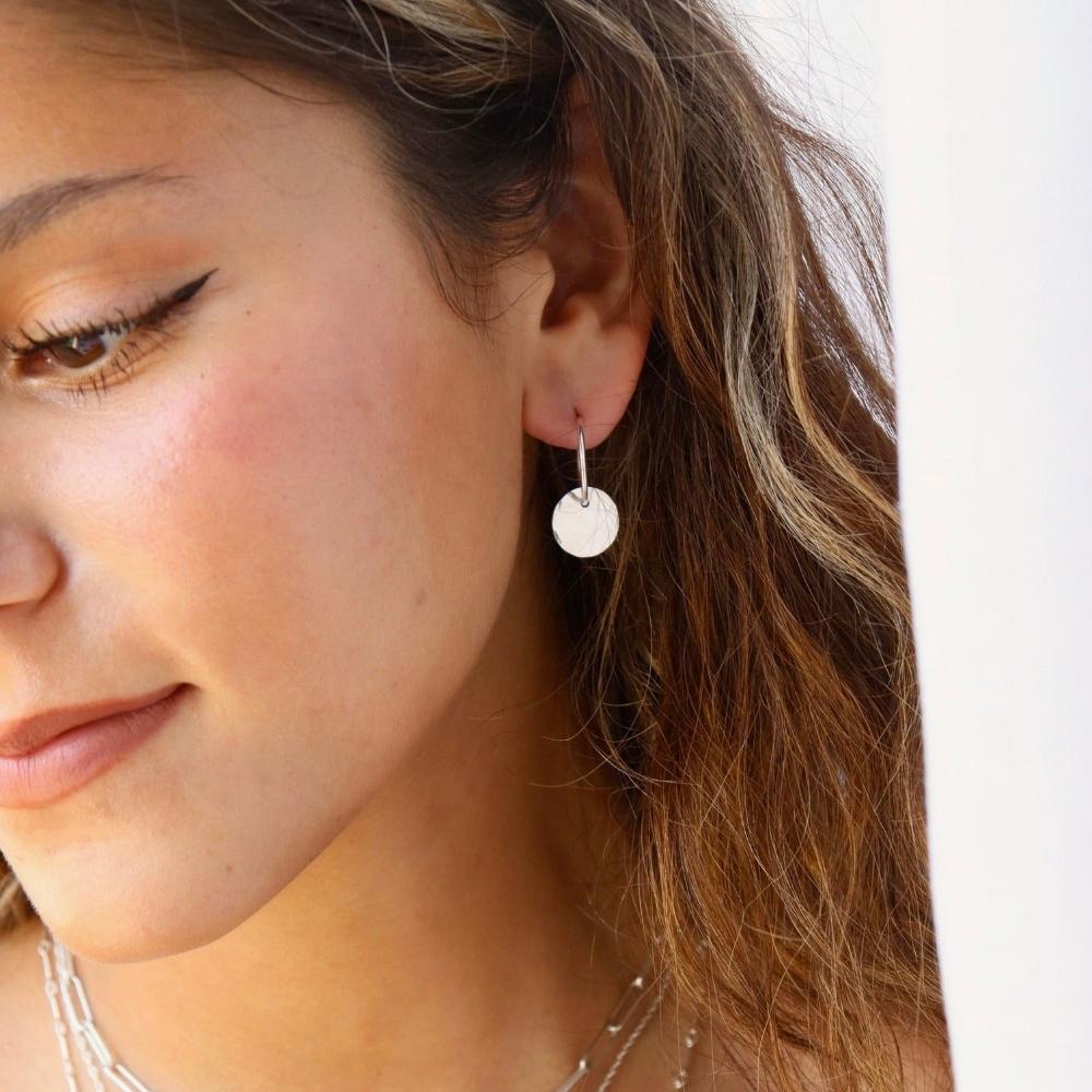  Model wearing Coin Hoops in 14k gold fill 