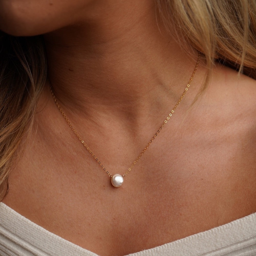 Model wearing 14k gold fill Freshwater Pearl Necklace