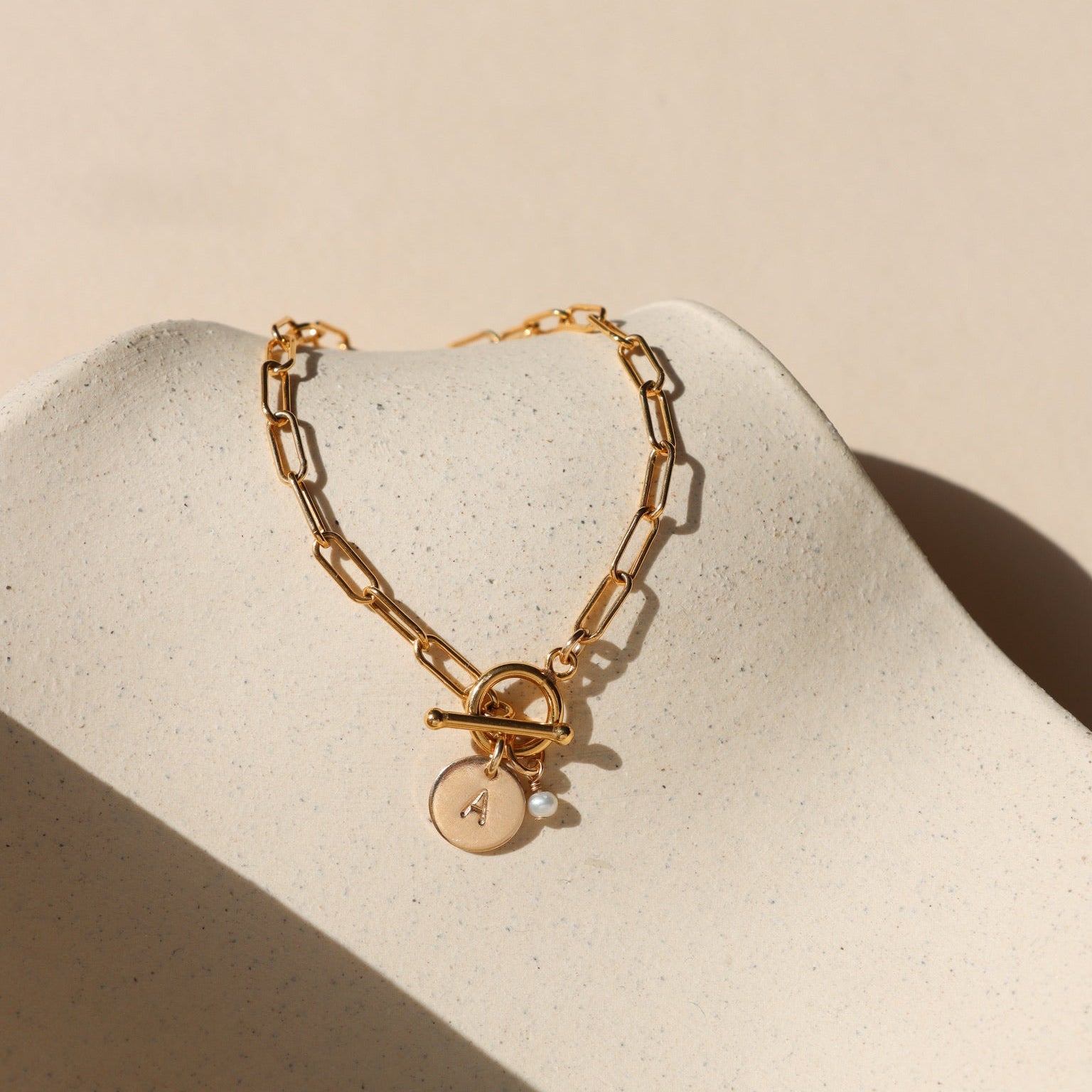14k gold fill personalized toggle bracelet with a pearl charm