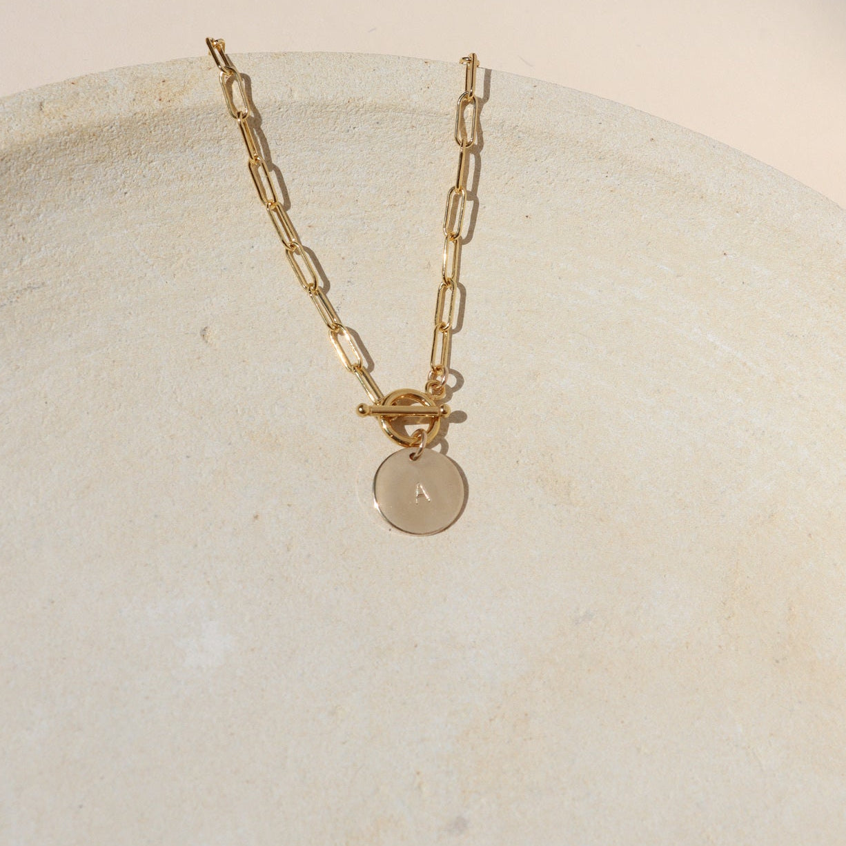 14k gold fill paperclip chain necklace with toggle clasp & custom stamped discs