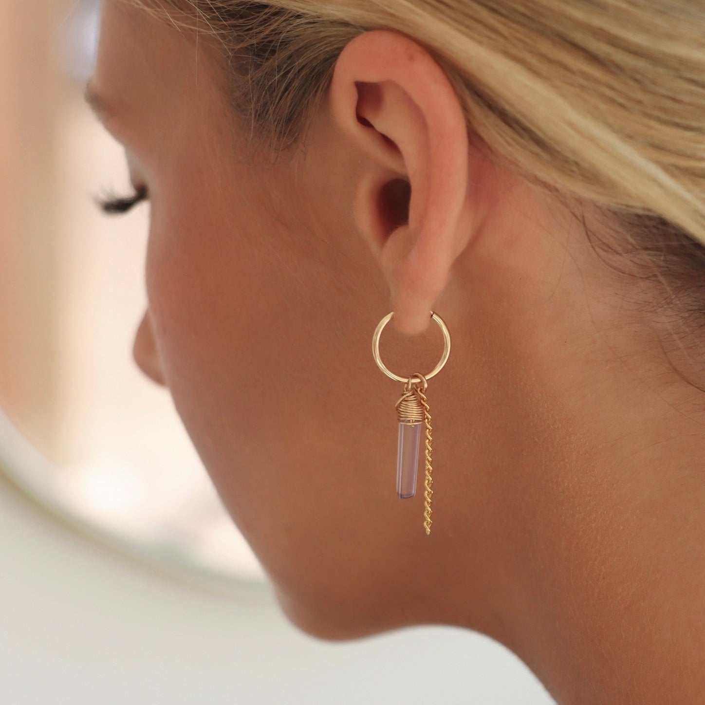 model wearing 14k gold fill hoop earrings with pink amethyst charms and 14k gold fill chain 