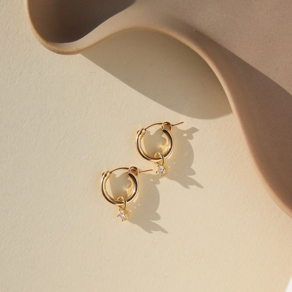 delicate gold fill hoops with dangling cubic zirconium