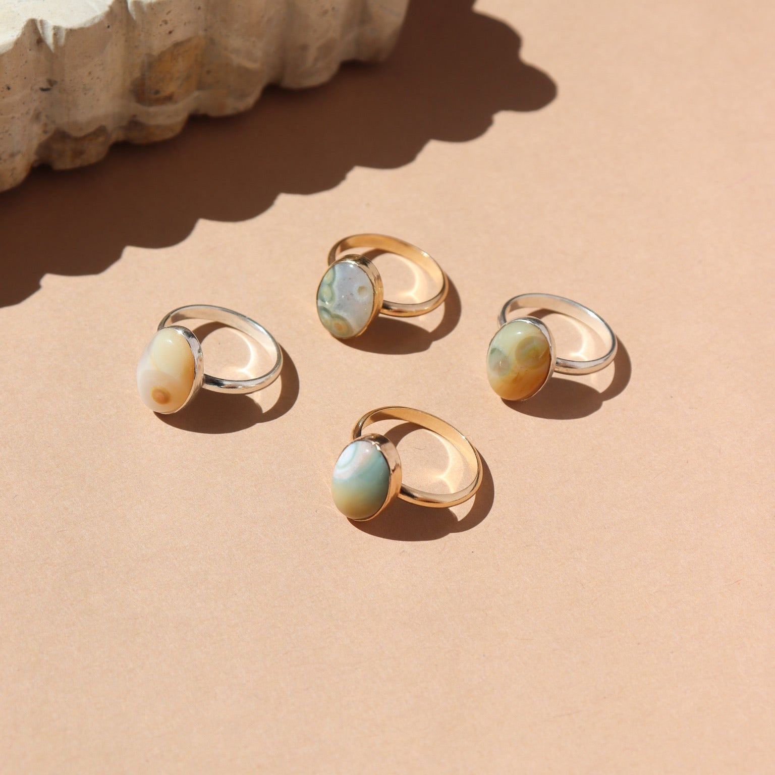 14 gold fill and sterling silver rings with ocean jasper stones