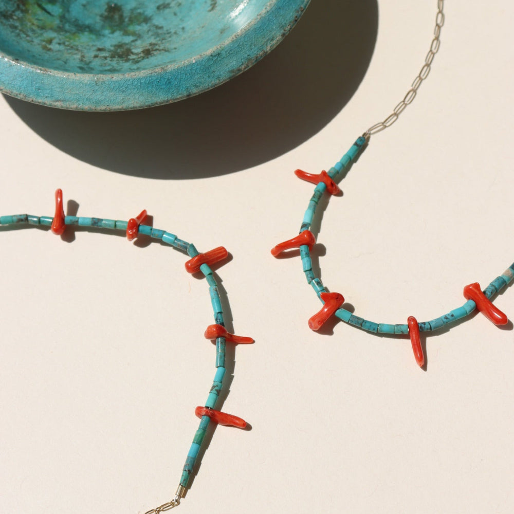 Sedona Necklace with turquoise tube beads and red coral accents on a delicate gold filled or sterling silver chain.