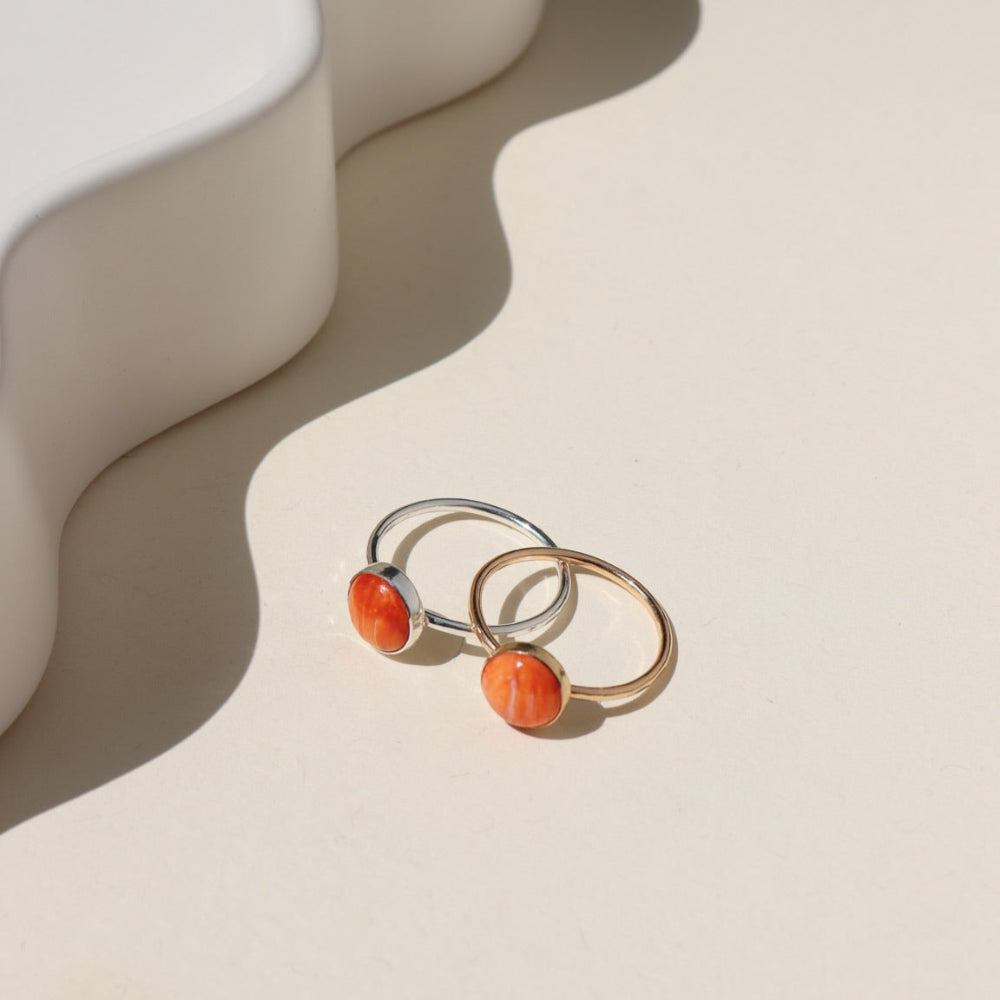 Sienna Ring featuring a vibrant spiny oyster gemstone on a hand-hammered gold filled or sterling silver band.