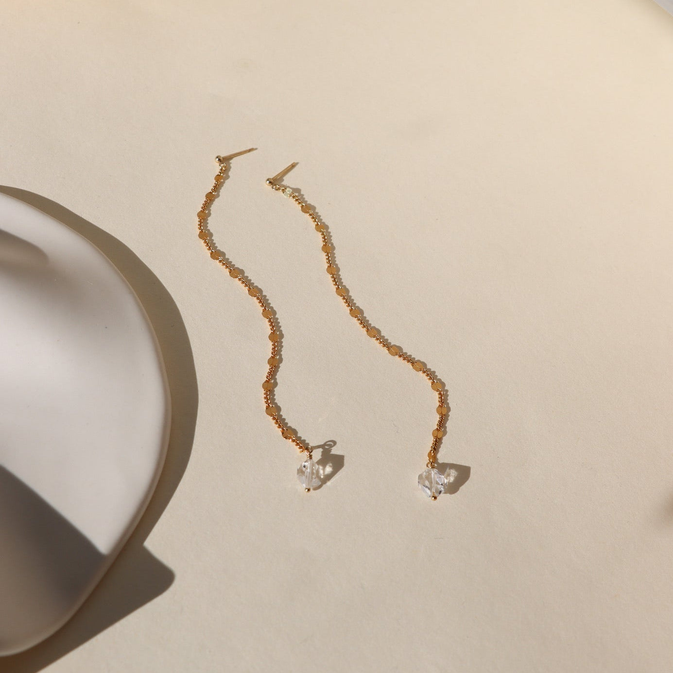 Sunburst Herkimer drop earrings — handcrafted gold earrings with sparkling Herkimer diamond quartz crystals.