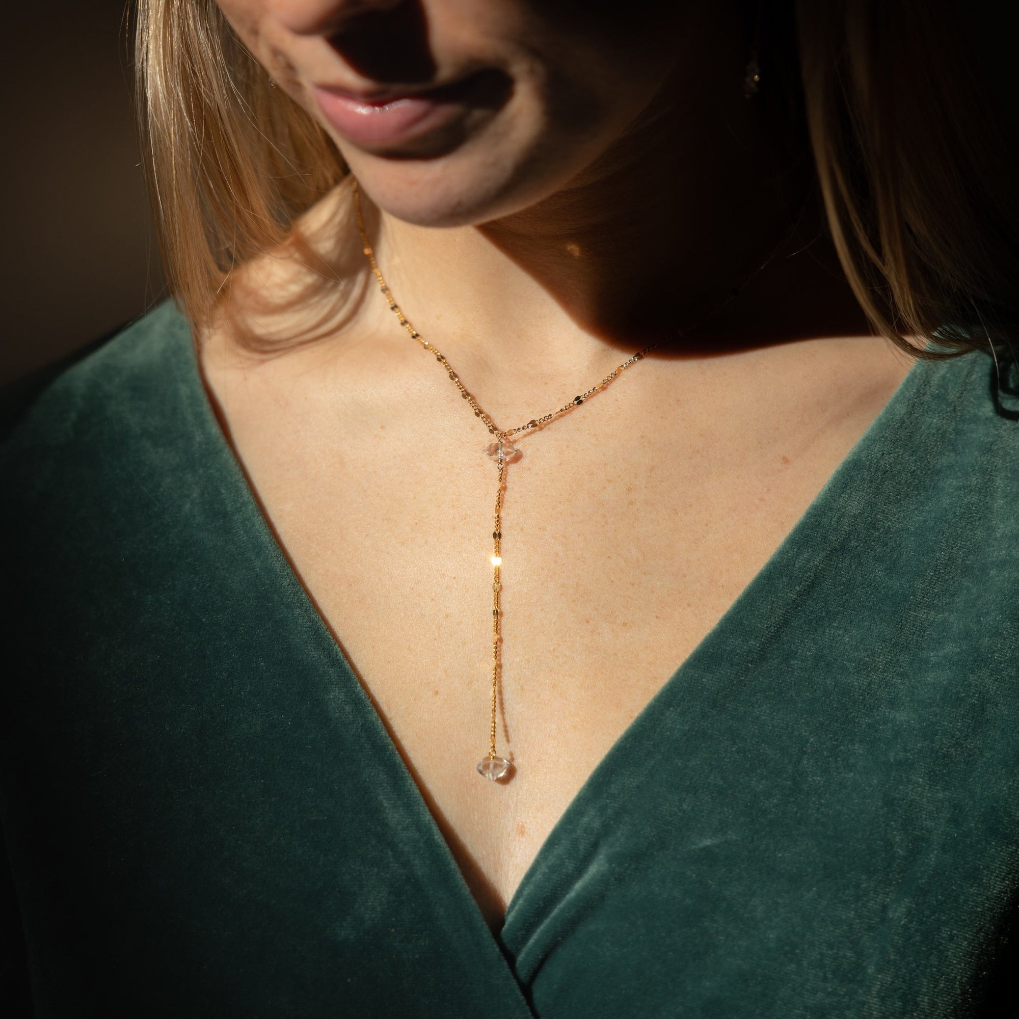 Gold-filled lariat necklace with Herkimer Diamonds and Sunburst chain links. Handmade and radiant for effortless everyday layering.