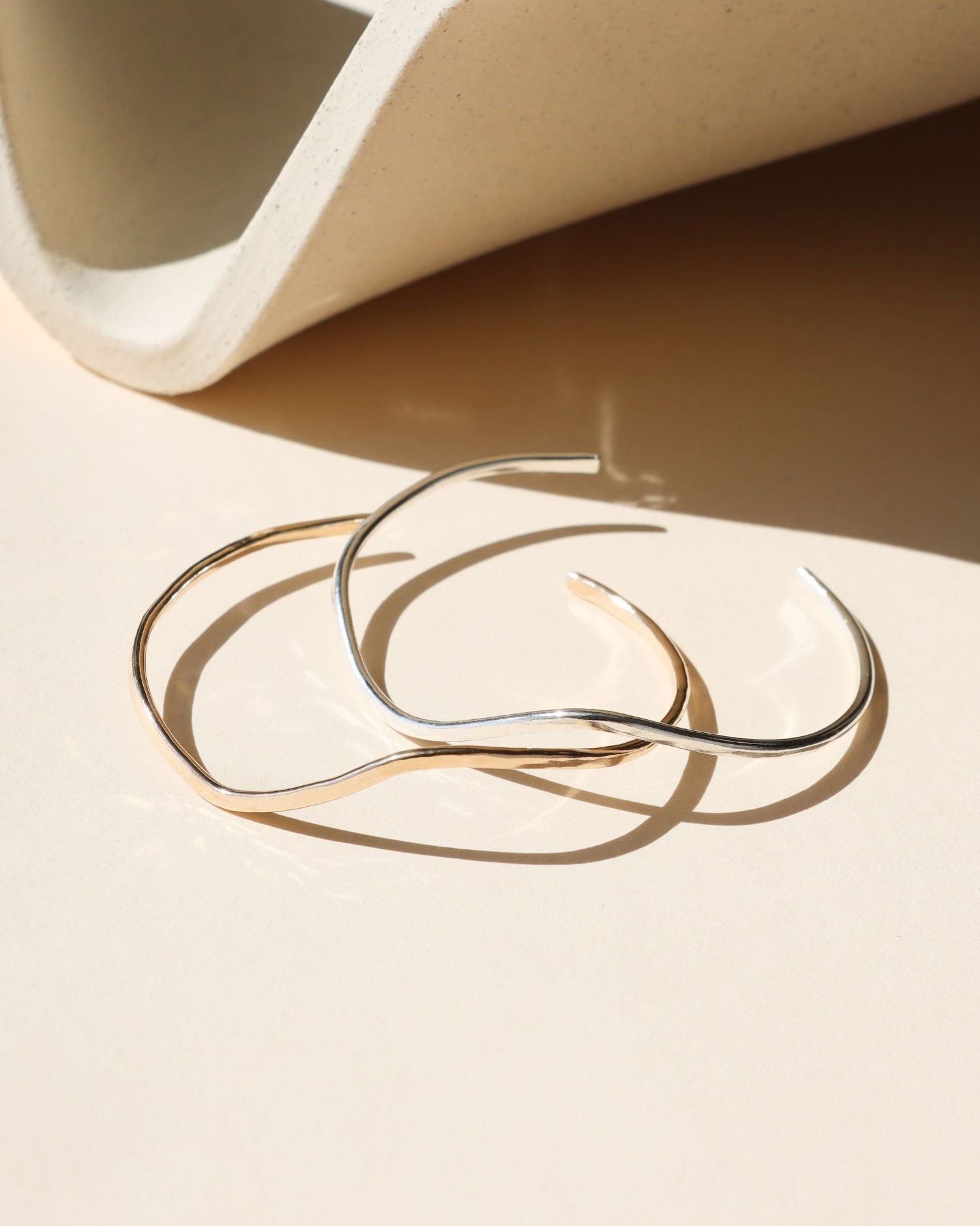 14k gold fill and sterling silver hammered wavy cuff bracelets