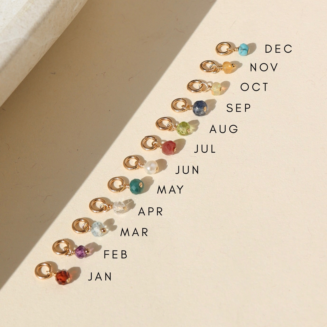 graphic showing which month each tiny birthstone on a jump ring goes with