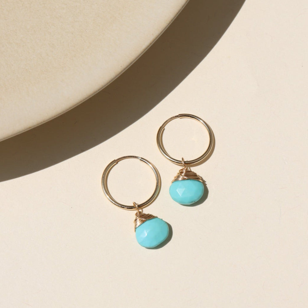 Faceted turquoise gemstone charm for hoop earrings, shown with and without 16mm Goldie Hoops. A versatile Earring Bar add-on.