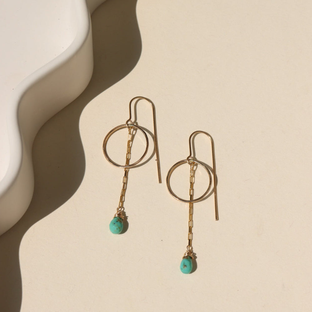 Desert Drop Earrings with turquoise teardrop, hand-forged circle, and delicate box chain—your go-to summer earrings.